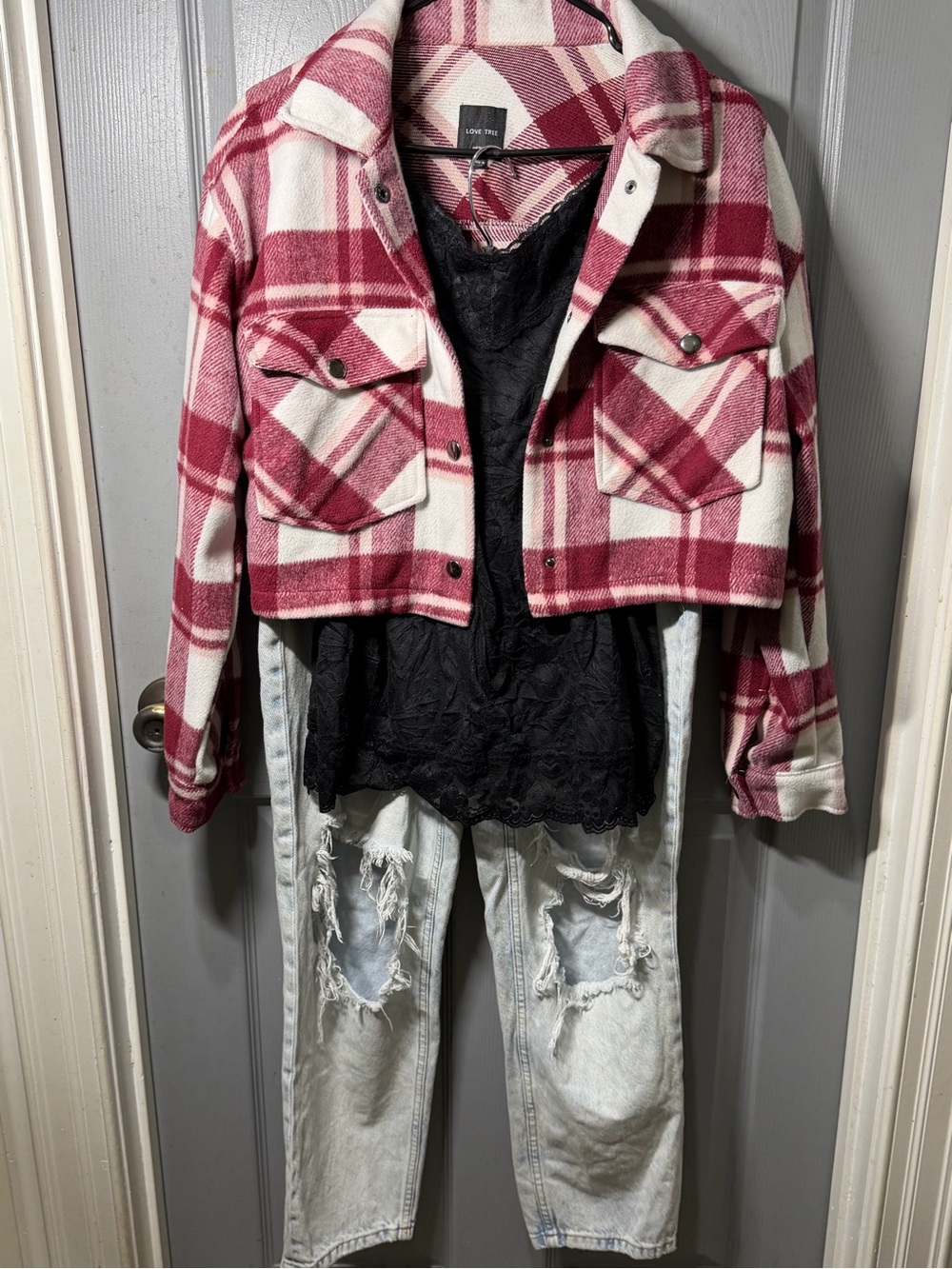 Love Tree Red and White Cropped Plaid Utility Jacket